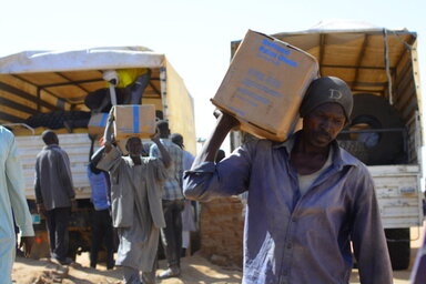 Sudan.  WFP delivers essential food to the IDP's hosted in the Zamzam camp in North Darfur