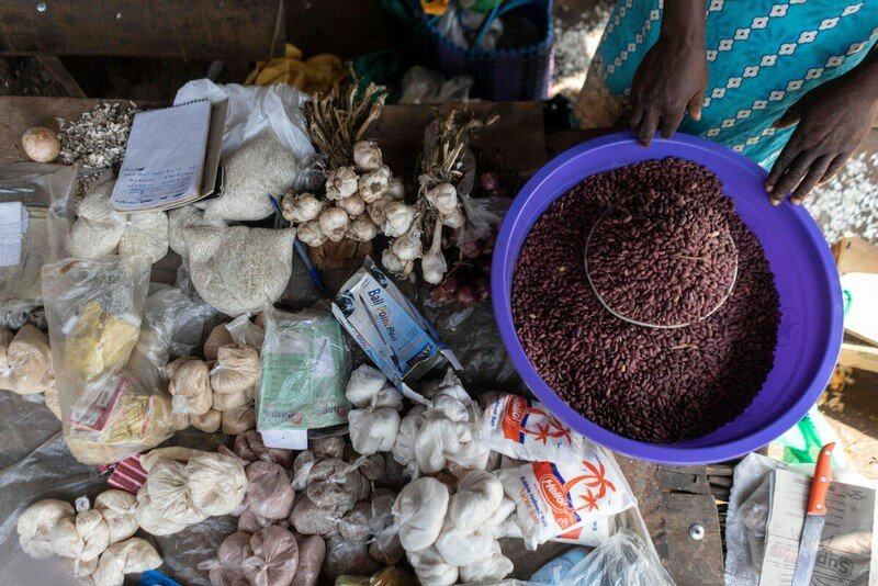 A closeup of beans, garlic, ginger, lentils and other produce.