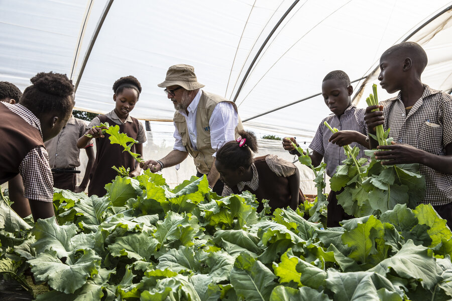 ザンビア南部のグウェンベ小学校の生徒たちが育てた野菜をチェックする、国連WFP親善大使で著名シェフのアンドリュー・ジマーンさん。 Photo: WFP