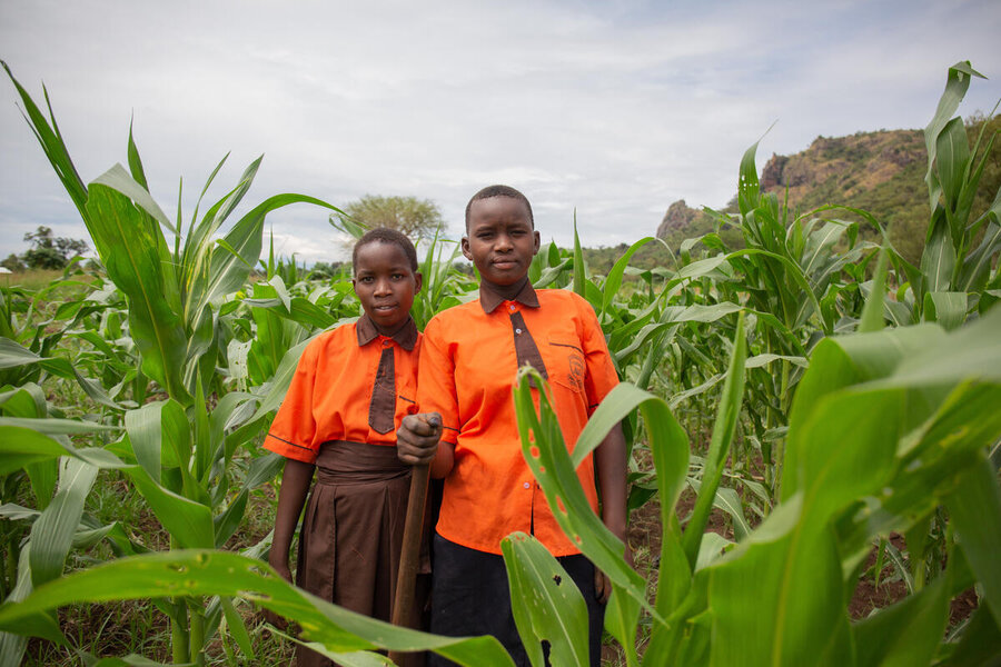 ウガンダのカラモジャ地方で、学校を支援するために栽培されているトウモロコシ畑で作業する2人の生徒。 Photo: WFP/Joel Ekström