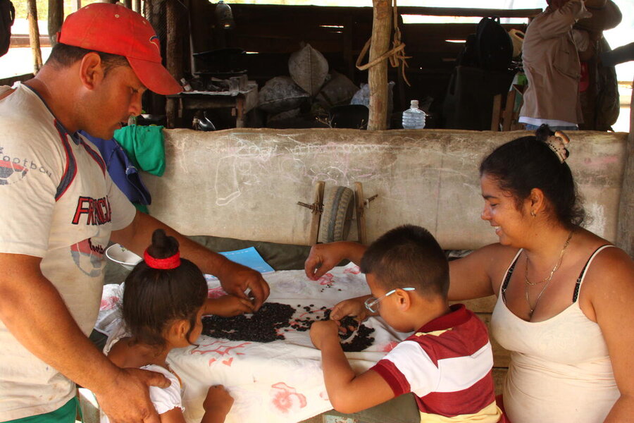 収穫した「スーパー・ビーン」の出来栄えを確認するディクサン・ペレスさんと彼の家族。キューバ、ラス・トゥーナス県 Photo: WFP/Marianela González 