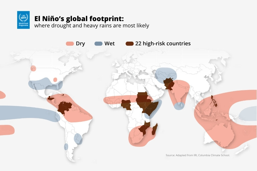 World map showing El Niño impacts: red areas face drought, blue areas heavy rain, with 22 high-risk countries highlighted across Africa, Asia and Latin America.