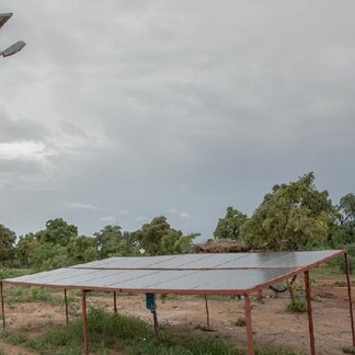 Solar Photovoltaic (PV) panels used to provide clean energy to power the equipment used at a Food Assistance for Assets (FFA) community site in Nossombougou, Koulikoro region, south-western Mali.